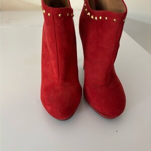 Glamorous Red and Gold Ankle Booties with Stud Detailing